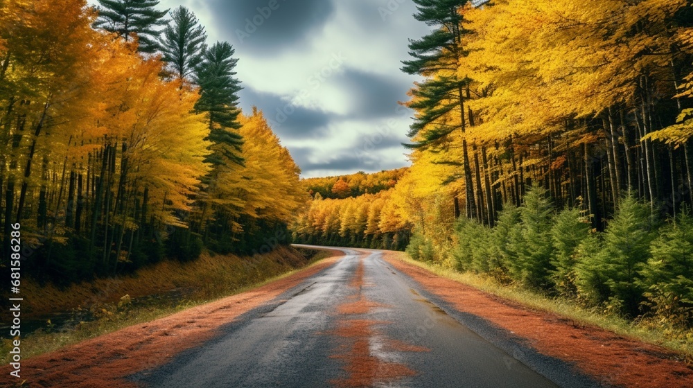 Obraz premium Along the picturesque highway M41 in the Keweenaw Peninsula of Michigan's Upper Peninsula, a tunnel of trees is visible in the fall.