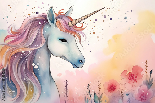 Unicorn watercolor background. Cute adorable unicorn card