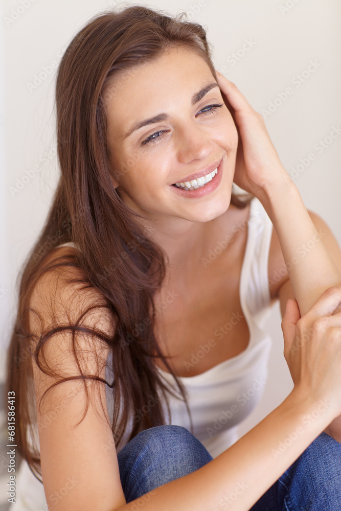 Relax, thinking and smile with a young woman in studio on a white background for quiet contemplation. Idea, memory or calm with a happy person daydreaming and chilling on the floor of her apartment Relax, thinking and smile with a young woman in studio on a white background for quiet contemplation. Idea, memory or calm with a happy person daydreaming and chilling on the floor of her apartment
