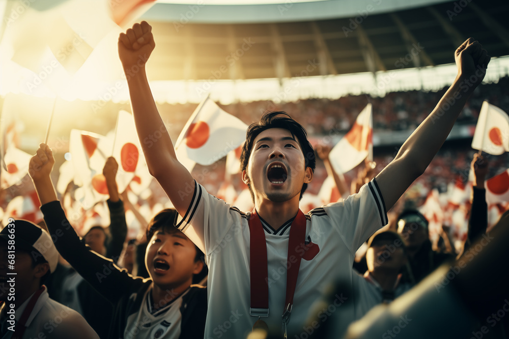 Japanese fans cheering on their team from the stands - obrazy, fototapety, plakaty 