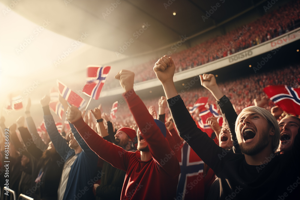 Norwegian fans cheering on their team from the stands - obrazy, fototapety, plakaty 