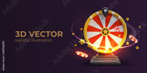 Creative 3D vector concept for online casino. Realistic wheel of fortune, chips, stars. Effect of movement, rotation, glowing trail. Live game. Horizontal template with text