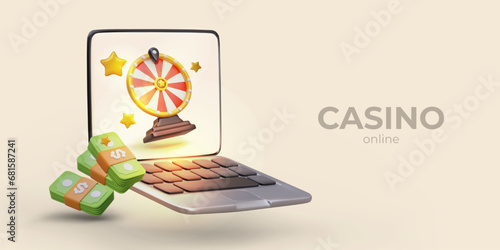 Realistic laptop with wheel of fortune on screen. Bundles of green banknotes, gold stars. Vector horizontal concept in cartoon style. Online casino ads