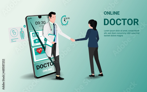 Patient meeting doctor online via mobile. Telemedicine concept. online doctor, Patient consultation, Online medical, Online healthcare and medical consultation, Ask a doctor. 3D vector illustration