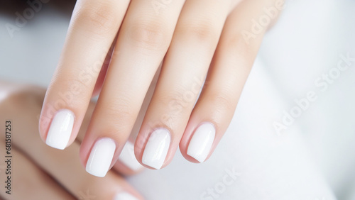 care for woman hands, nice young girl showing her hands focus on nail tips she is so happy with her new nail design, white background 