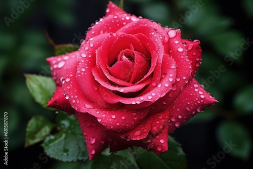  a close up of a red rose with drops of water on it s petals and green leaves in the foreground  with a dark background of green foliage.