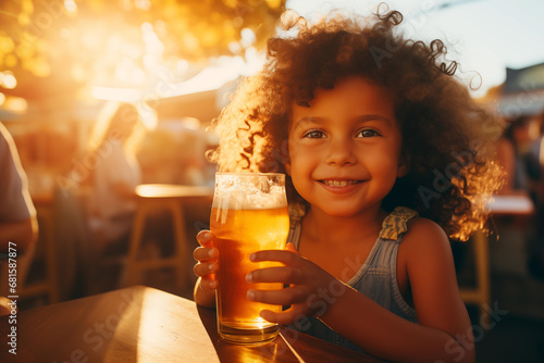 young poc girl child drinking pint of beer at outdoor bar in sunshine photo