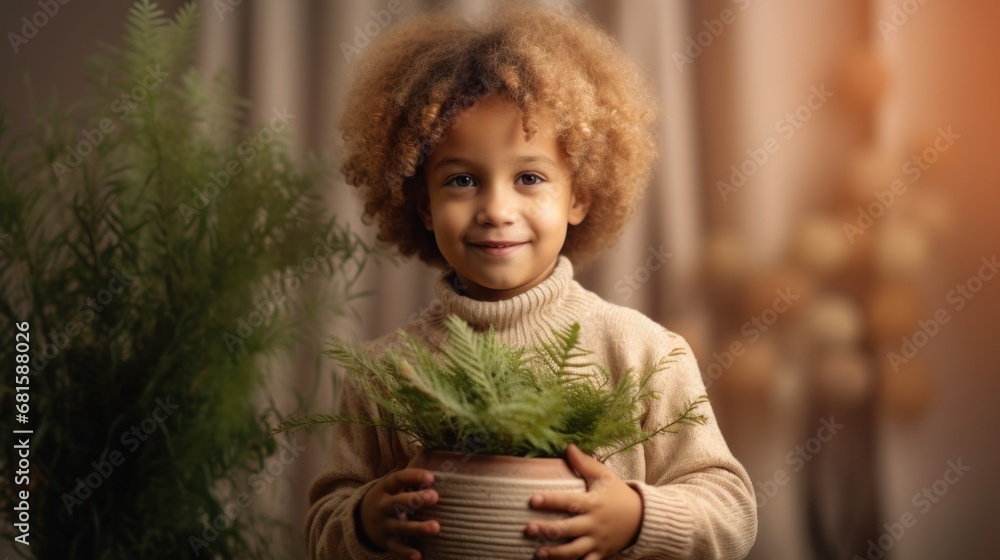 Fototapeta premium Cheerful youngster with an Afro hugs a pot and its green contents.