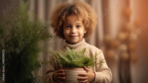 Cheerful youngster with an Afro hugs a pot and its green contents.