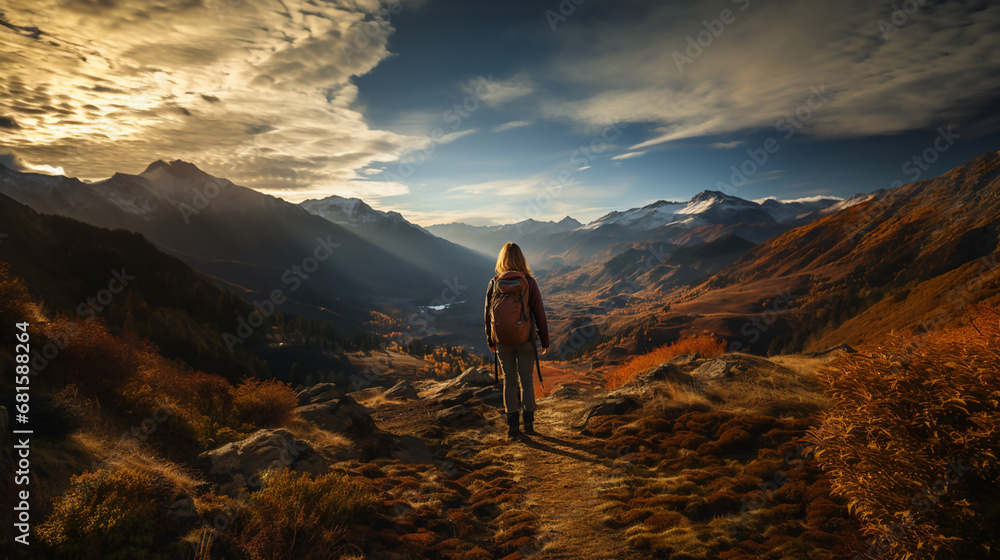 Tourist lady with back pack at a mountain peak and looking at misty mountain range landscape with cloudy sky 