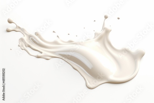  a white liquid splashing on top of it's side on a white surface with only one drop of milk in the middle of the top of the image.
