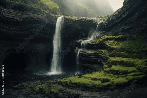  a waterfall in a cave with moss growing on the rocks and grass growing on the rocks and grass growing on the rocks and grass growing on the bottom of the cave.