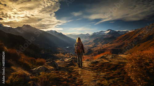 Tourist lady with back pack at a mountain peak and looking at misty mountain range landscape with cloudy sky 
