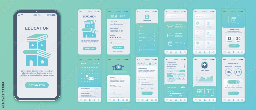 Education mobile app interface screens template set. Account login, learning list at platform, literature lesson, progress data. Pack of UI, UX, GUI kit for application web layout. Vector design. - obrazy, fototapety, plakaty 