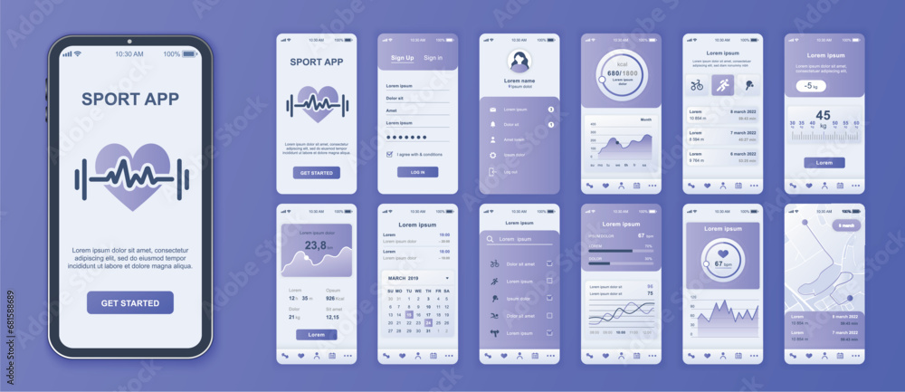 Fitness mobile app interface screens template set. Account login, calorie tracking, sport trainings list, weight data, calendar, map. Pack of UI, UX, GUI kit for application web layout. Vector design. - obrazy, fototapety, plakaty 