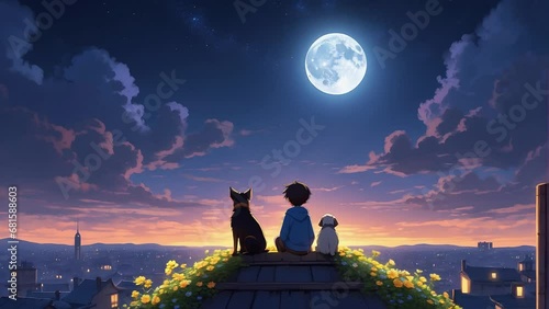 A boy on the rooftop with his dogs, a City skyline with illuminated buildings at night under a starry and star-falling sky, Lofi animation. photo