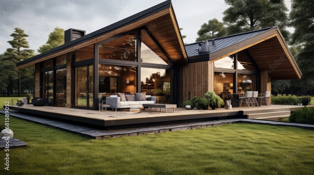 modern country house, panoramic large windows, wooden walls and roof trim, lawn, cozy country house modern country house, panoramic large windows, wooden walls and roof trim, lawn, cozy country house
