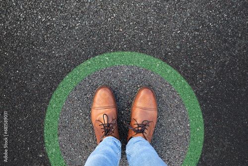 Comfort zone concept. Feet standing inside comfort zone circle. photo