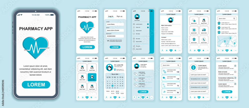 Pharmacy mobile app interface screens template set. Account login, clinic services, visit doctor, calendar, medicines shop ordering. Pack of UI, UX, GUI kit for application web layout. Vector design. - obrazy, fototapety, plakaty 