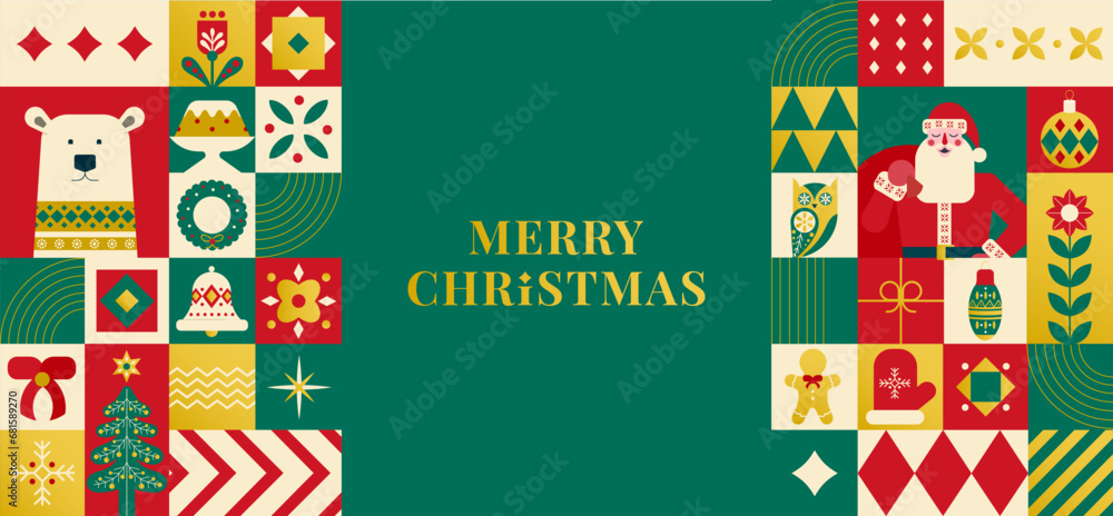 Merry christmas modern geometric banner template. Abstract xmas holiday mosaic poster with winter decoration. Festive party invitation, minimalist december event greeting card. Scandinavian style.  - obrazy, fototapety, plakaty 