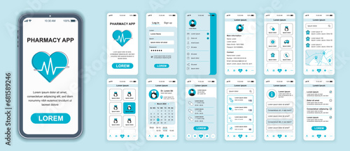 Pharmacy mobile app interface screens template set. Account login, clinic services, visit doctor, calendar, medicines shop ordering. Pack of UI, UX, GUI kit for application web layout. Vector design.