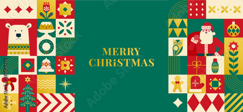 Merry christmas modern geometric banner template. Abstract xmas holiday mosaic poster with winter decoration. Festive party invitation, minimalist december event greeting card. Scandinavian style. 