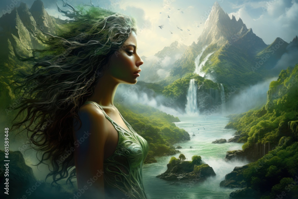  a painting of a woman with long hair standing in front of a waterfall with a waterfall in the background and birds flying in the sky above her head and a waterfall in the foreground.