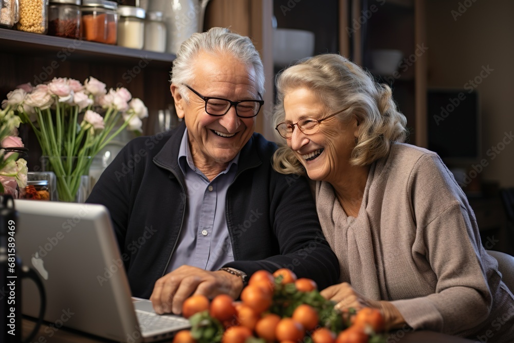 Grey-haired spouses are laughing watching at laptop screen. Senior couple with computer at home Grey-haired spouses are laughing watching at laptop screen. Senior couple with computer at home
