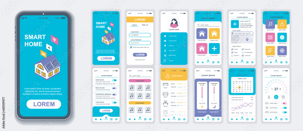 Smart home mobile app interface screens template set. Account login, automation management, appliance monitoring, security system. Pack of UI, UX, GUI kit for application web layout. Vector design. - obrazy, fototapety, plakaty 