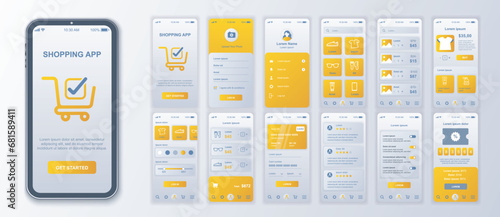 Shopping mobile app interface screens template set. Account login, assortment goods with price, ordering, online payment, get coupon. Pack of UI, UX, GUI kit for application web layout. Vector design.