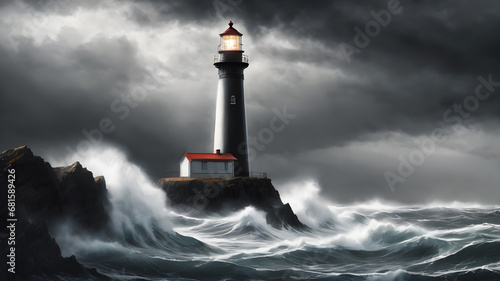 Big waves crashing in the lighthouse on the rocks. Storm at the ocean. Generative Ai © niki spasov