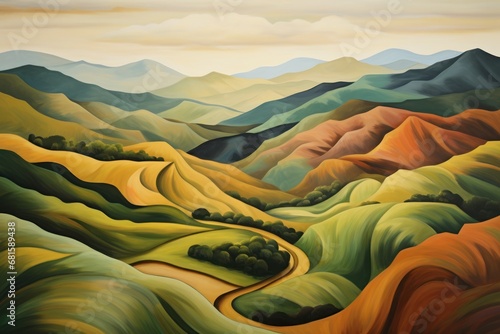  a painting of a mountain landscape with a winding road in the foreground and trees on the far side of the mountain, with a cloudy sky in the background. photo