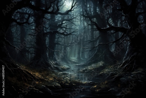  a painting of a dark forest with a stream running through the center of the forest, with trees on both sides of the path and a full moon in the distance. photo