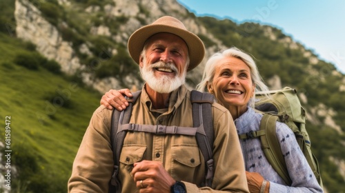 Senior partners hiking amidst scenic mountain views.