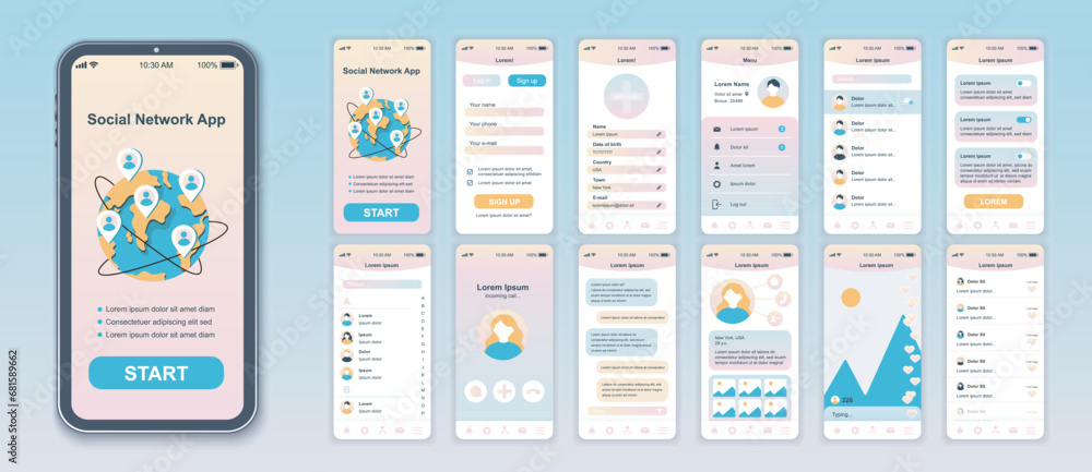 Social network mobile app interface screens template set. Account login ...