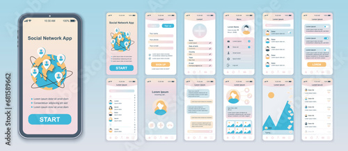 Social network mobile app interface screens template set. Account login, friends chat, contact calling, chat, live stream, statistic. Pack of UI, UX, GUI kit for application web layout. Vector design.