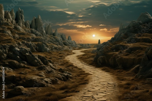  a digital painting of a path leading to a setting sun in a rocky landscape with rocks and grass on either side of the path is a rock - strewn path.