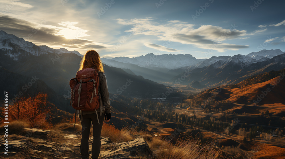 Tourist lady with back pack at a mountain peak and looking at misty mountain range landscape with cloudy morning sky sunset 