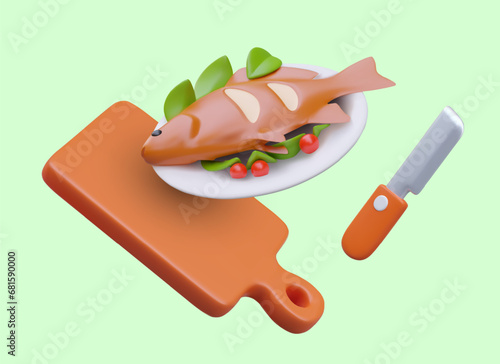 Cutting board, knife, served fish dish. Seafood recipe. Advertisement of cooking class, book, website, application. Fish restaurant. Color web design with 3D illustration