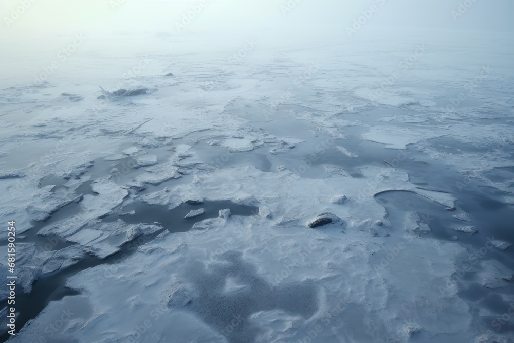  an aerial view of a vast expanse of ice and ice floes on a foggy day in the middle of a sea of ice floes, looking towards the horizon.