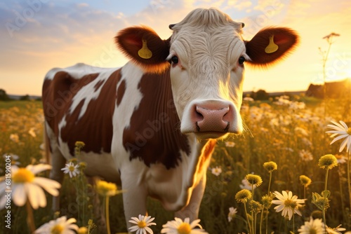  a brown and white cow standing in a field of daisies with the sun setting in the background and a field of daisies with daisies in the foreground.