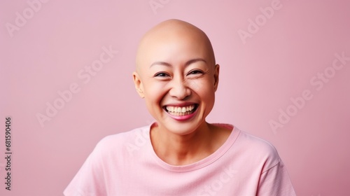Celebrating life: a happy, bald cancer patient in pastel hues on a studio background.