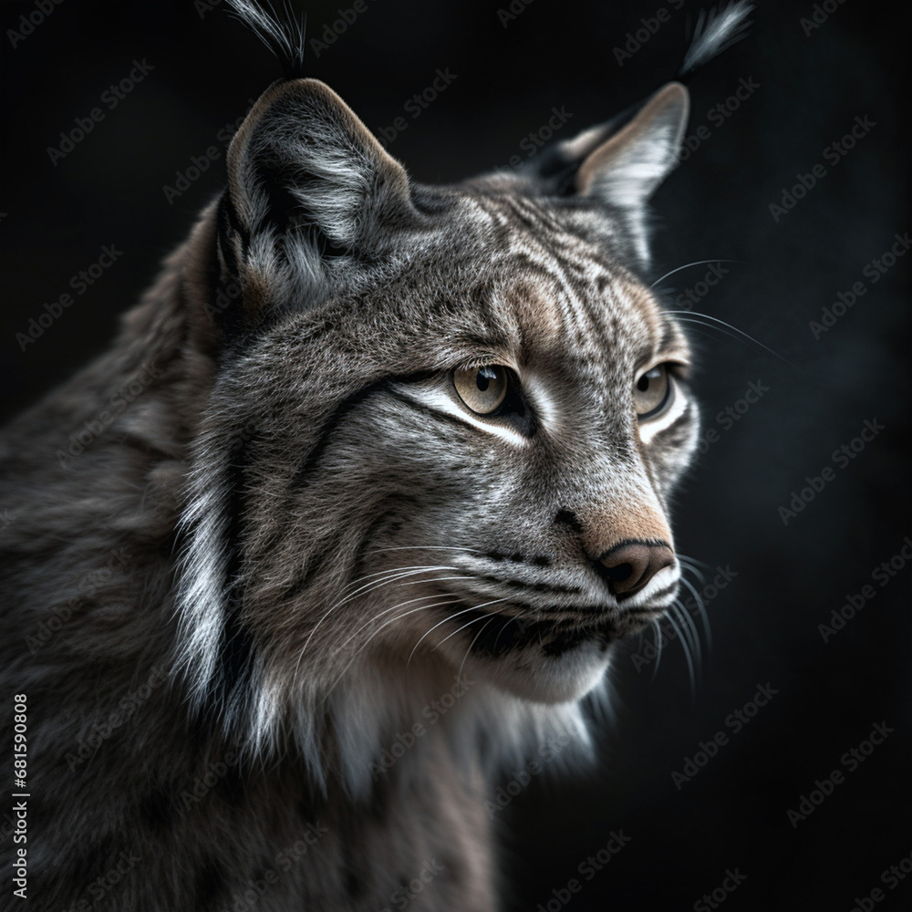 Fototapeta premium Lynx, low contrast, high sharpness, facial symmetry, depth of field, golden hour, super detailed image. Wild animals.