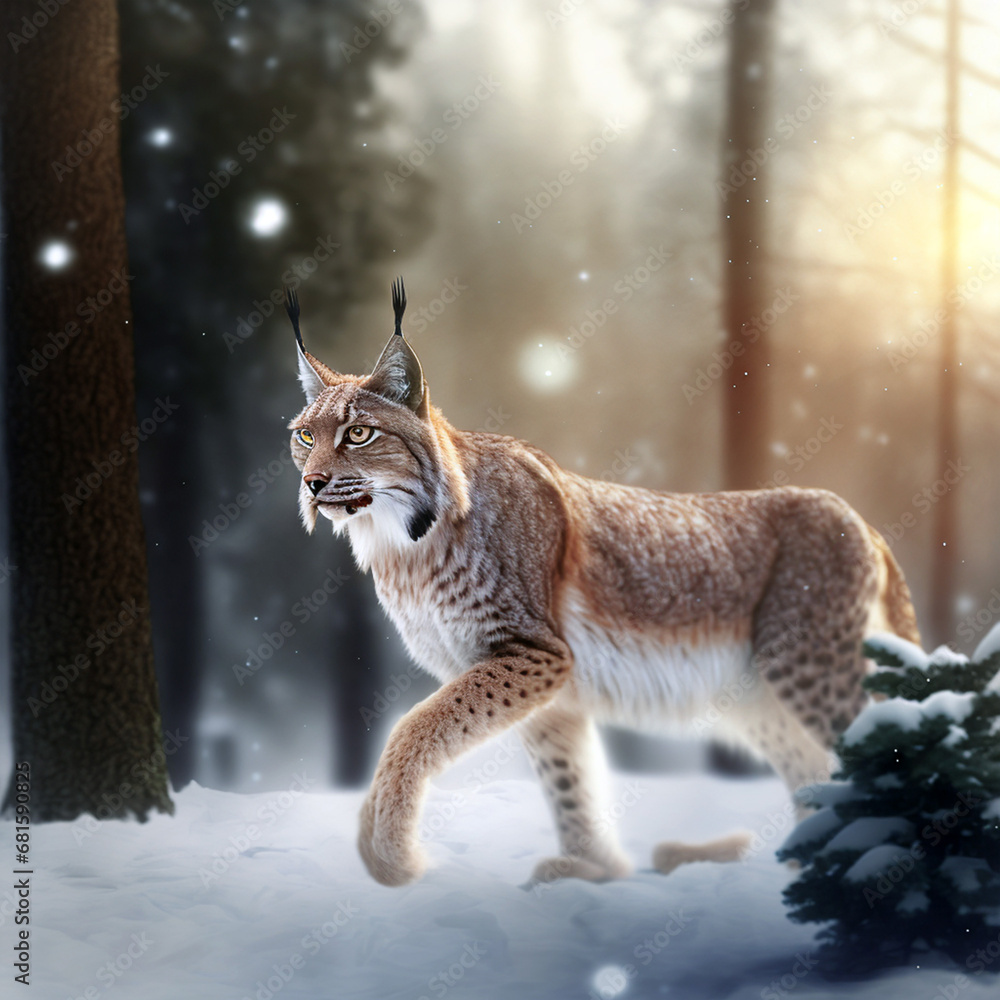 Fototapeta premium Lynx, low contrast, high sharpness, facial symmetry, depth of field, golden hour, super detailed image. Wild animals.