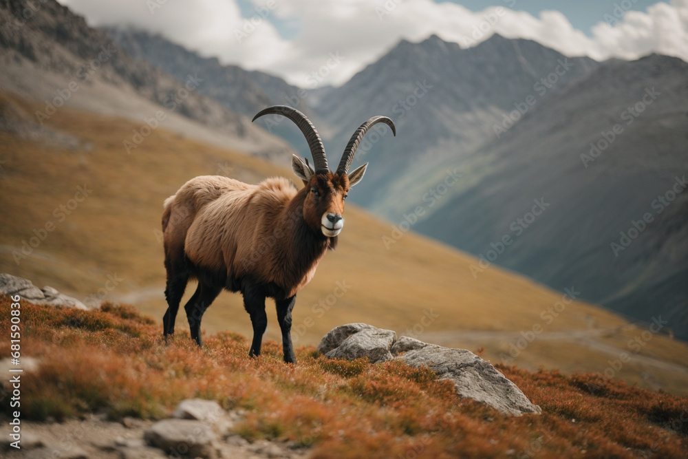 Closeup on an alpine ibex alone surrounded by out of focus mountains. Generative AI. Closeup on an alpine ibex alone surrounded by out of focus mountains. Generative AI.