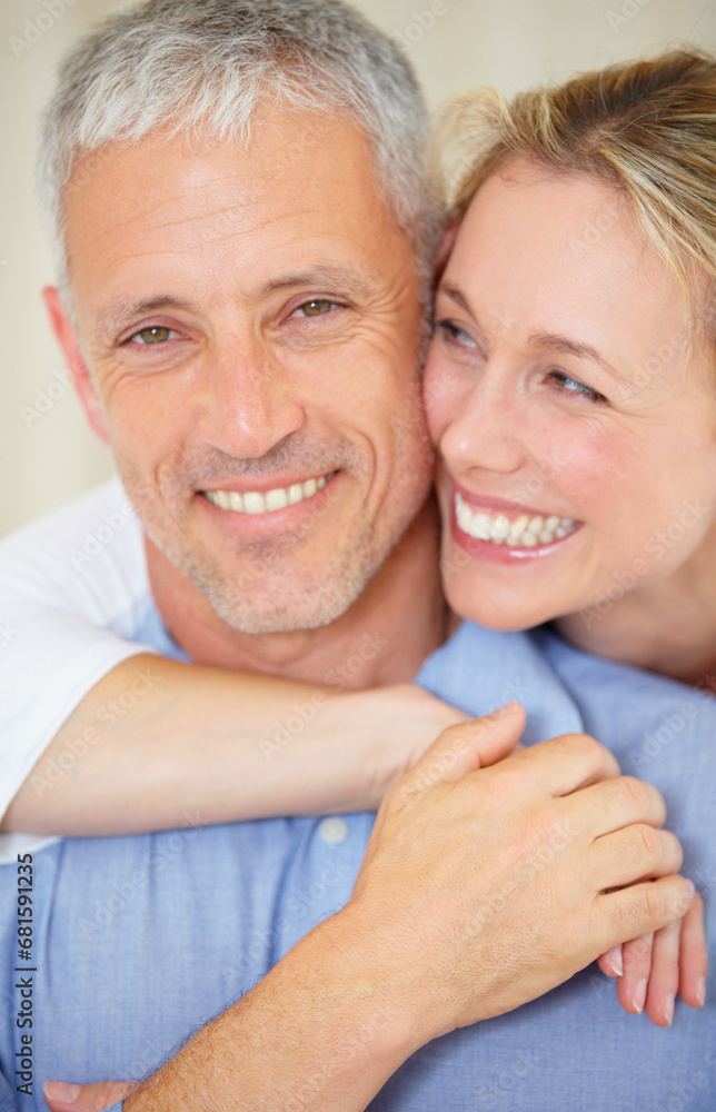 Happy couple, portrait and hug for love, support or care in romance together on holiday weekend at home. Face of mature married woman hugging man with smile in embrace, bonding or honeymoon at house Happy couple, portrait and hug for love, support or care in romance together on holiday weekend at home. Face of mature married woman hugging man with smile in embrace, bonding or honeymoon at house