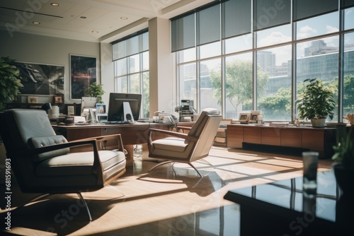 modern office interior overlooking the city skyline