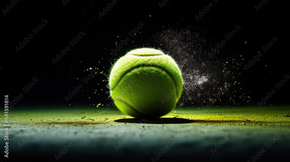 Tennis is an Olympic sport. A tennis ball on a dark court background
