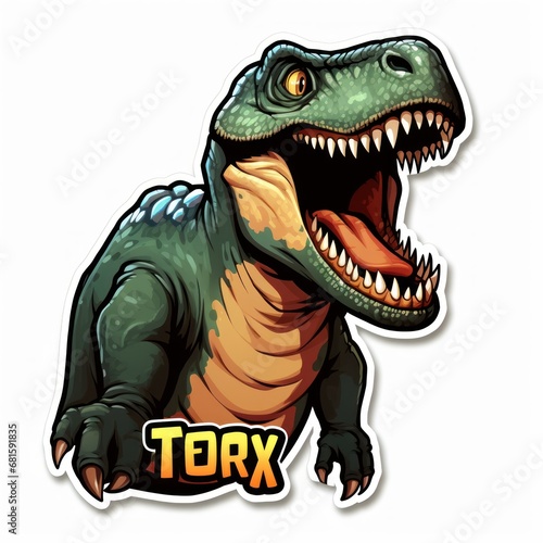 Tyrannosaurus rex dinosaur sticker. Dinosaur: Tyrannosaurus rex with powerful jaws open, ferocious might of the t-rex. T-rex Sticker. Sticker. Logotype.