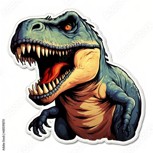 Tyrannosaurus rex. Dinosaur: Tyrannosaurus rex with powerful jaws open, ferocious might of the t-rex. T-rex Sticker. Sticker. Logotype.